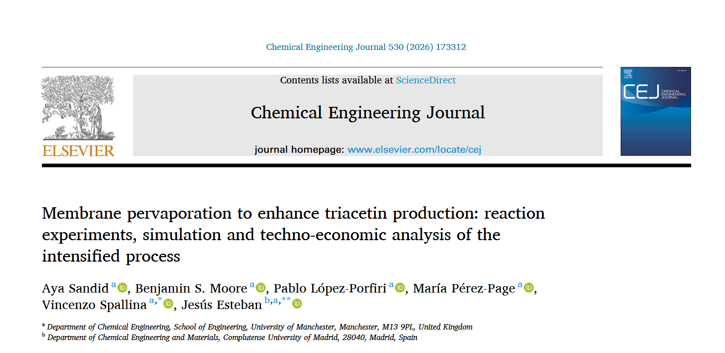 New publication: Membrane pervaporation to enhance triacetin production: reaction experiments, simulation and techno-economic analysis of the intensified process